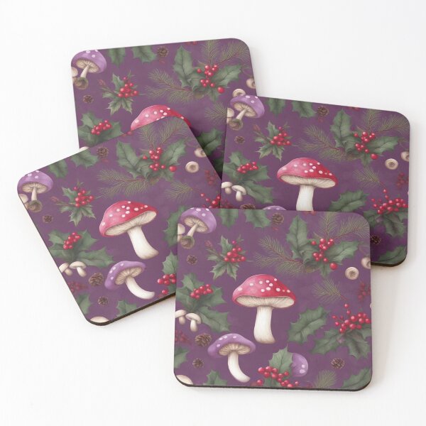 Item preview, Christmas Mushroom Holly Berry Plum Purple Pattern designed and sold by SquirmArt.