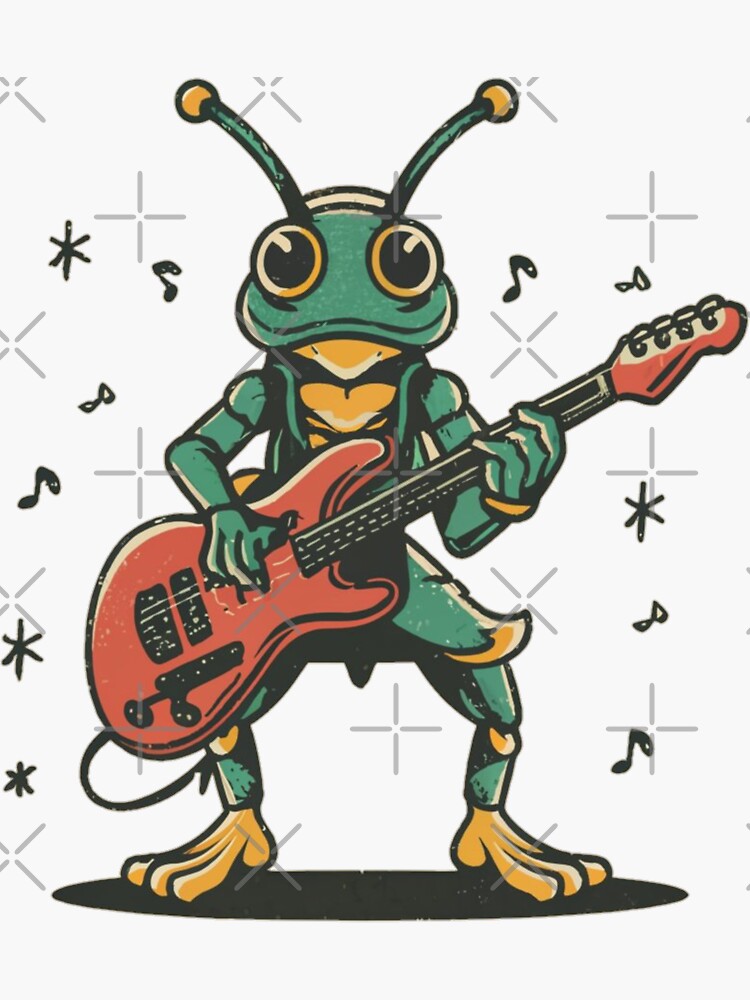 Thumbnail 3 of 3, Sticker, A cool grasshopper playing guitar designed and sold by Coollzone.