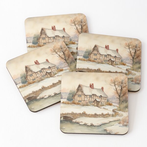 Item preview, Traditional Old English Medieval Cottage in Winter Watercolor designed and sold by MeadowFarmPrint.