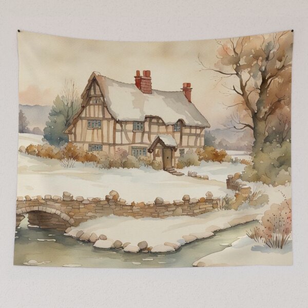 Item preview, Traditional Old English Medieval Cottage in Winter Watercolor designed and sold by MeadowFarmPrint.