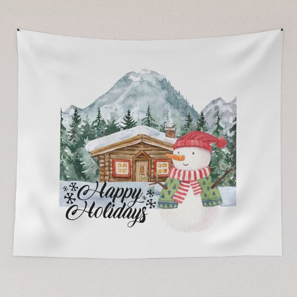 Item preview, Happy Holidays Snowman Outside Cabin! designed and sold by TidyKitchenInc.