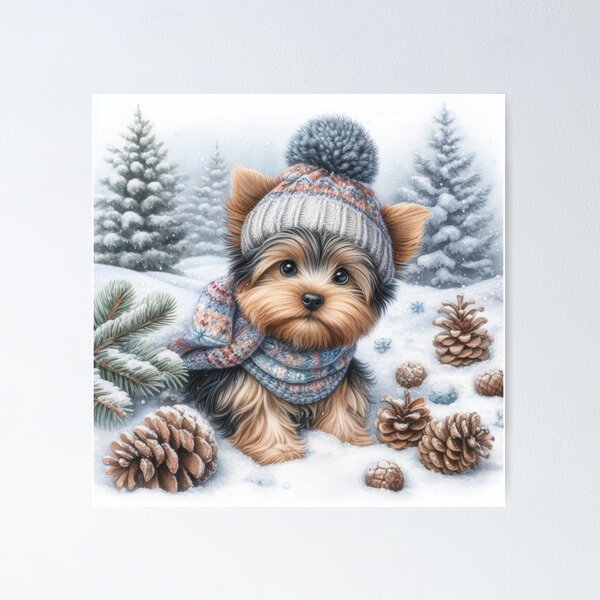 Item preview, Yorkshire Terrier Puppy in Winter Hat and snow designed and sold by Animals-on-me.