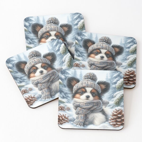 Item preview, Papillon Puppy in Winter Hat and snow designed and sold by Animals-on-me.