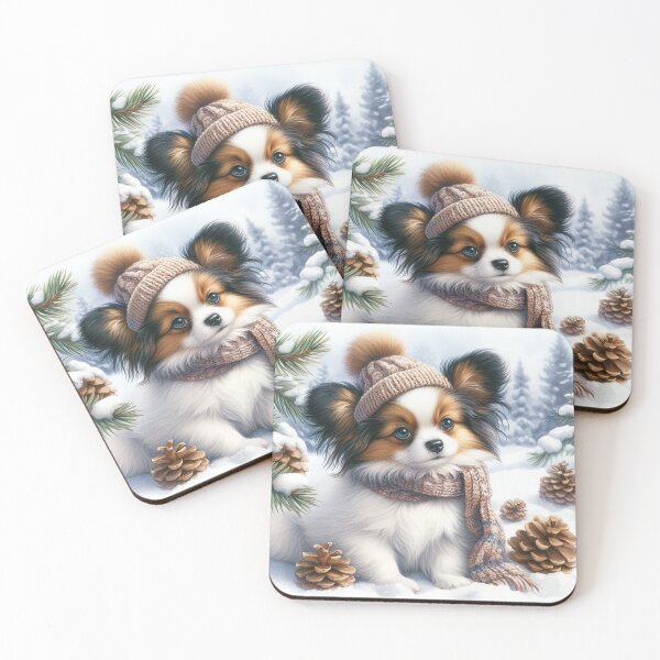 Item preview, Cute Papillon Puppy in Winter Hat and snow designed and sold by Animals-on-me.