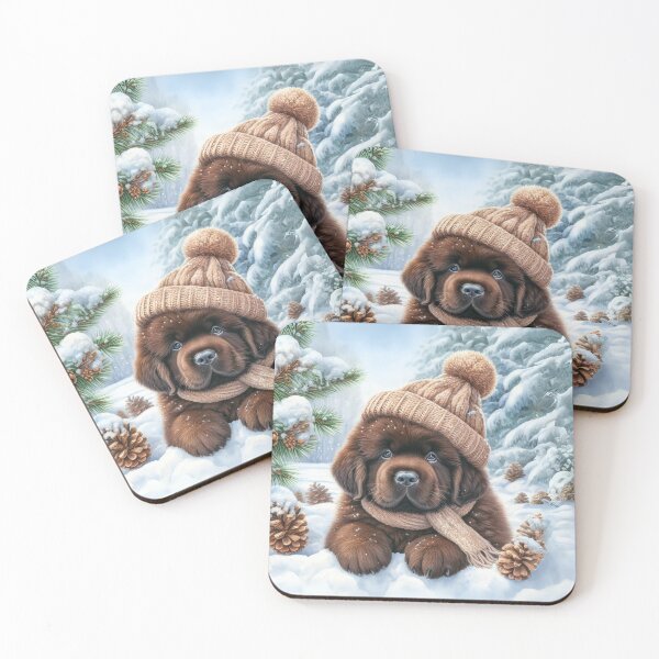Item preview, Brown Newfoundland Puppy in Winter Hat and snow designed and sold by Animals-on-me.