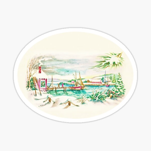 "Nautical Christmas" - Seaside, Ocean, Sea, Water, Boats, Sail, House, Home, Xmas, Tree, Holiday, Happy, Merry, Colorful, Green, Evergreen, men, guys, inlet, bay, river, lake, birds, seagulls, Sticker