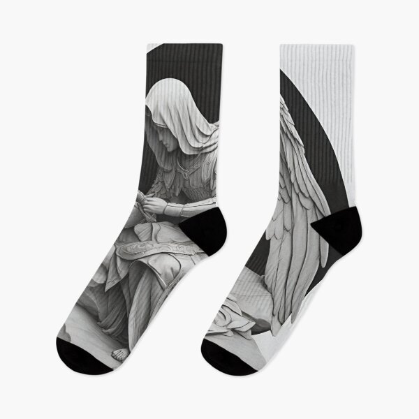 Item preview, "Monochrome Serenity: A Vector Art Depiction of an Angel in a Hood, Genuflecting with Grace." designed and sold by Best-Art-32.