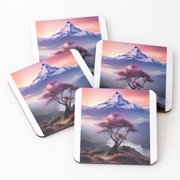 Item preview, Hazy sunset mountain with lonely tree - Landscape photography designed and sold by TheArtistOf2022.