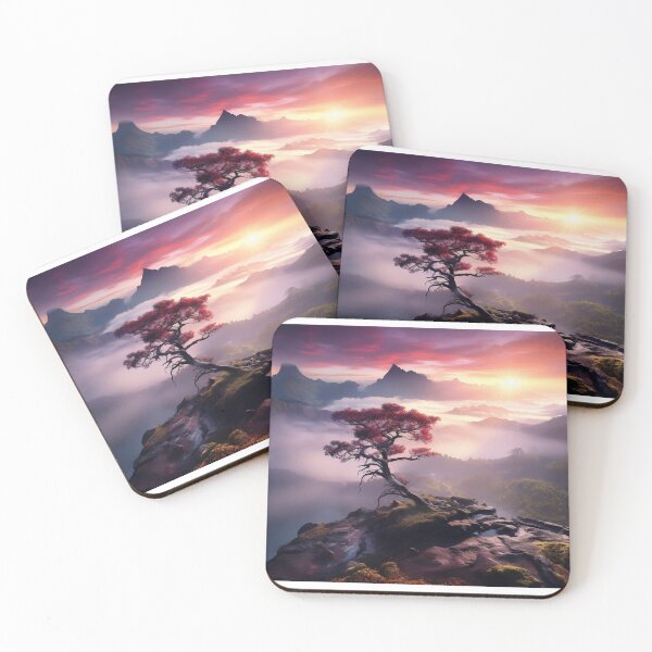 Item preview, Hazy sunset mountain with lonely tree - Landscape photography designed and sold by TheArtistOf2022.