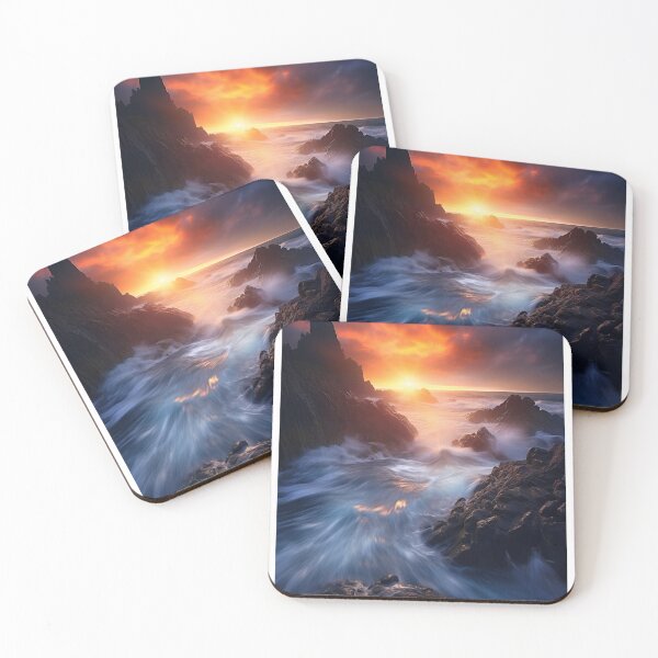 Item preview, Rocky beach at sunset in long exposure - Landscape photography designed and sold by TheArtistOf2022.