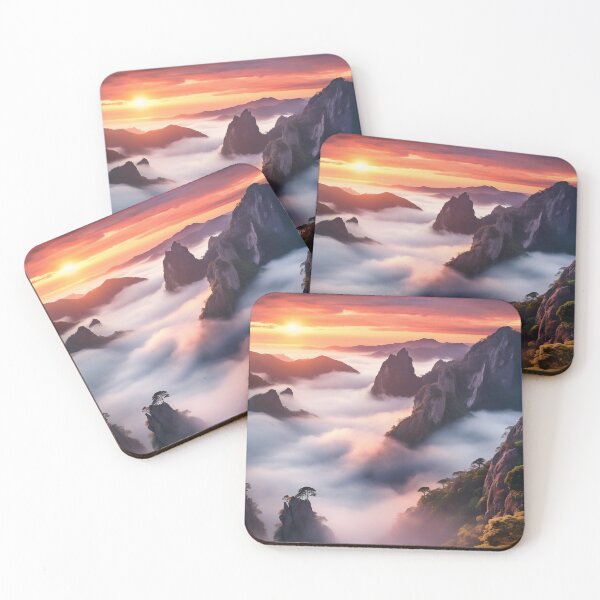Item preview, Misty forest with mountains at sunset long exposure - Landscape photography designed and sold by TheArtistOf2022.
