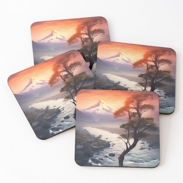 Item preview, Hazy sunset mountain and river with lonely tree - Landscape photography designed and sold by TheArtistOf2022.