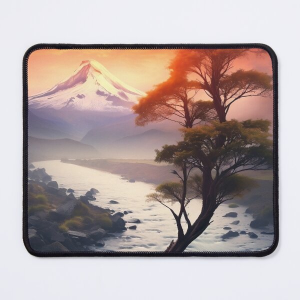 Item preview, Hazy sunset mountain and river with lonely tree - Landscape photography designed and sold by TheArtistOf2022.