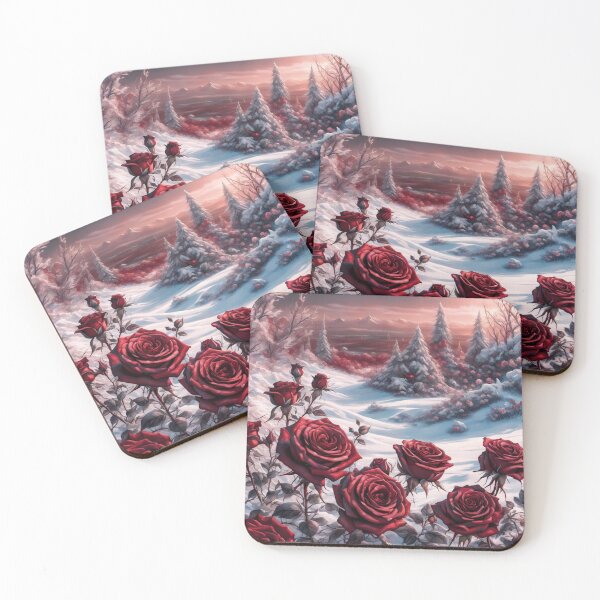 Artikelvorschau, Winterpanorama mit dunkelroten gefrorenen Rosen. entworfen und verkauft von aipaint.