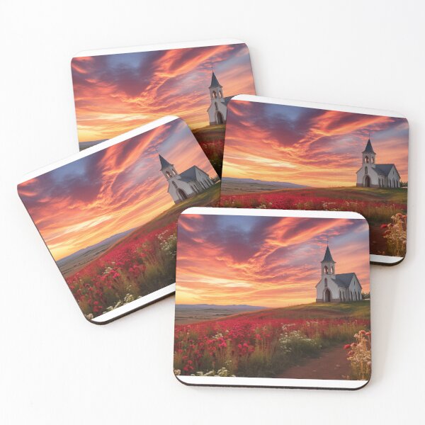 Item preview, Misty fields of flowers with chapel at sunset - Landscape photography designed and sold by TheArtistOf2022.