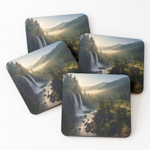 Item preview, Misty forest with waterfalls in fog at sunset long exposure - Landscape photography designed and sold by TheArtistOf2022.