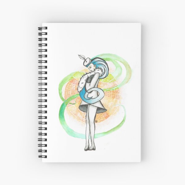 Blue Haired Lady in Grey Coat with Peach Mandala Texture Background and Blue Green Swirls Spiral Notebook