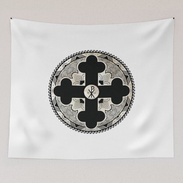Item preview, Greek Orthodox Cross Black Cream Ornate Circle Alpha Omega designed and sold by Yiorgos Designs.