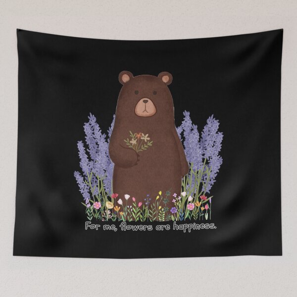 Item preview, A large brown bear stretches out holding a bouquet of flowers in the middle of a flower garden. designed and sold by attakorn.