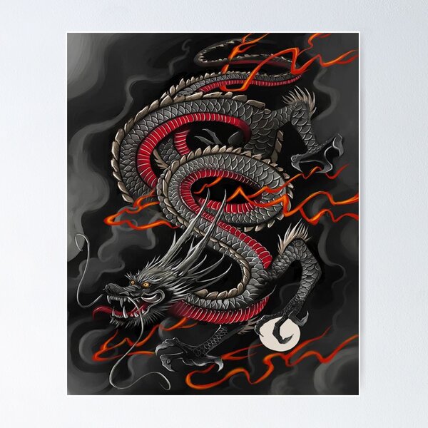 Black/Grey And Red Chinese Dragon Poster