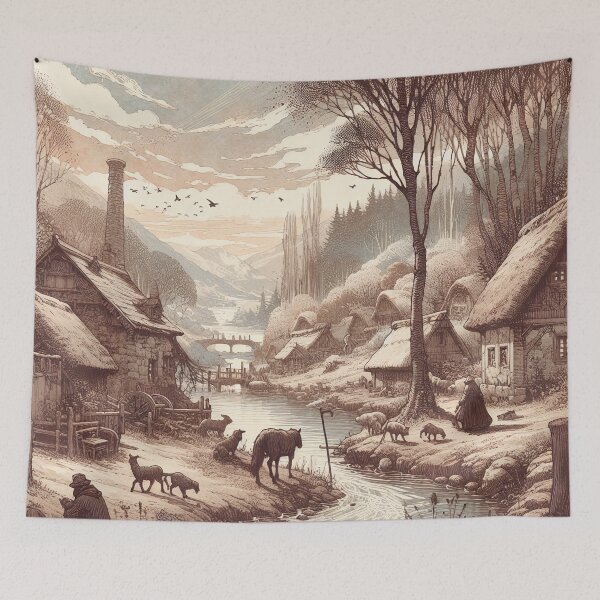 Item preview, Rustic Riverside Hamlet at Dusk designed and sold by PictorialWhimsy.