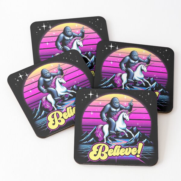 Item preview, Bigfoot Sasquatch Riding Unicorn Vaporwave Retrowave Style designed and sold by SpookshowDesign.