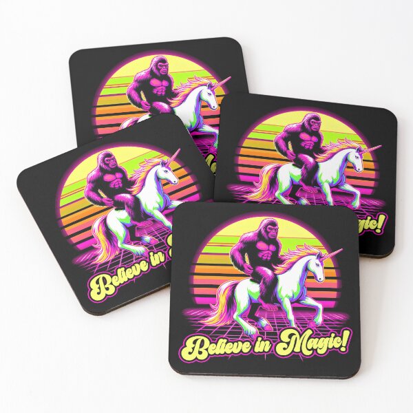 Item preview, Bigfoot Sasquatch Riding Unicorn Synthwave Retrowave Style designed and sold by SpookshowDesign.