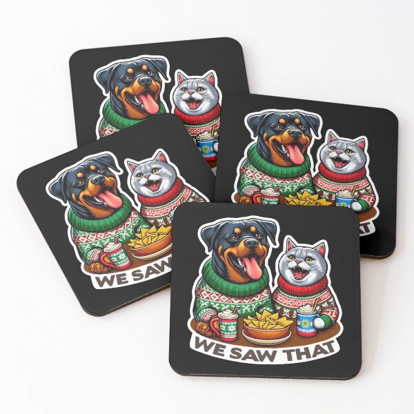 Item preview, We Saw That meme Rottweiler Dog Scottish Fold Cat Ugly Christmas Sweater Nachos Hot Chocolate designed and sold by plushism.