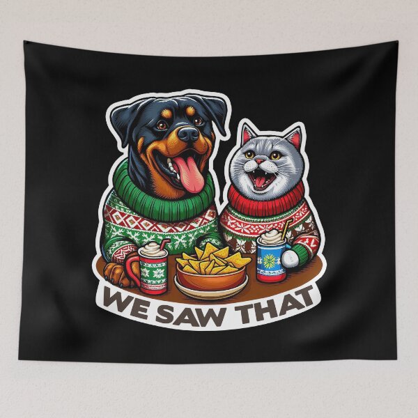 Item preview, We Saw That meme Rottweiler Dog Scottish Fold Cat Ugly Christmas Sweater Nachos Hot Chocolate designed and sold by plushism.