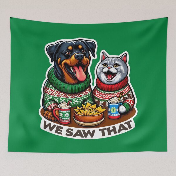 Item preview, We Saw That meme Rottweiler Dog Scottish Fold Cat Ugly Christmas Sweater Nachos Hot Chocolate designed and sold by plushism.