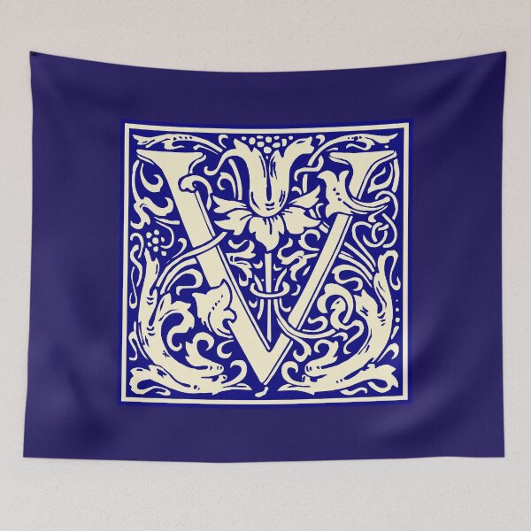 Aperçu de l'œuvre William Morris Vintage Lettre V Monogramme Initiale Bleu créée et vendue par Jeallan Designs.