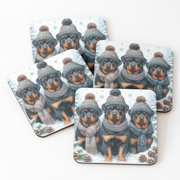 Aperçu de l'œuvre Rottweilers dans les chapeaux d'hiver et la neige créée et vendue par Animals-on-me.