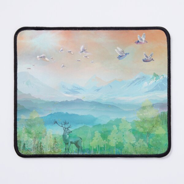 Item preview, Three flying hurdy-gurdies in an orange-pink sky above a landscape of mountains and forest with a deer and doves. designed and sold by Zal-Production.