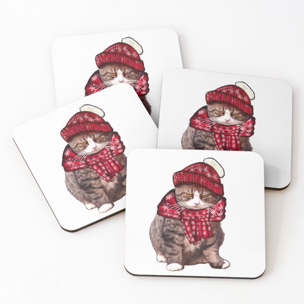 Item preview, Festive Funny Cute Kitty Cat Kitten in red winter hat and scarf Grumpy Puss cats designed and sold by Artonmytee.
