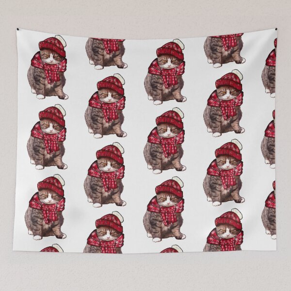 Item preview, Festive Funny Cute Kitty Cat Kitten in red winter hat and scarf Grumpy Puss cats designed and sold by Artonmytee.