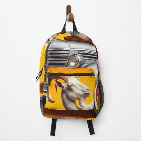 Item preview, A silly goat sunbathing on a retro car sipping on a soda pop. designed and sold by LindaV44.