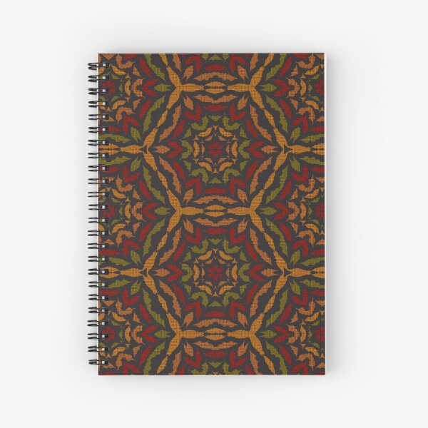Mosaic Tiles Hexagons in Ruby Red, Olive Green, and Orange on Black Background Spiral Notebook