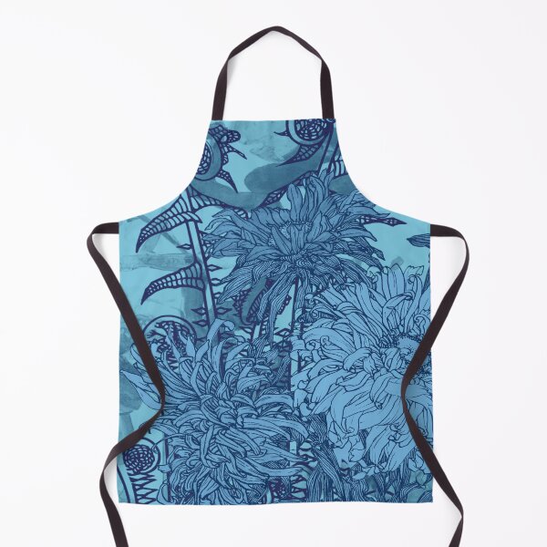 Item preview, Botanical Abstract Collage. Modernist Style, Fiddleheads and Dahlias Design in Blue Indigo Colorway, No.12623-05 designed and sold by MirabiliaMagpie.