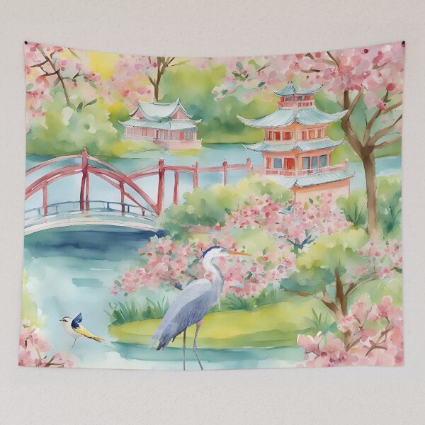 Artikelvorschau, Reiher im Chinoiserie-Gartenaquarell entworfen und verkauft von SophieClimaArt.