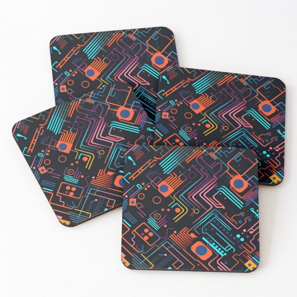 Item preview, Seamless Pattern of Colorful Circuit Boards on a Black Background designed and sold by overheadclick.