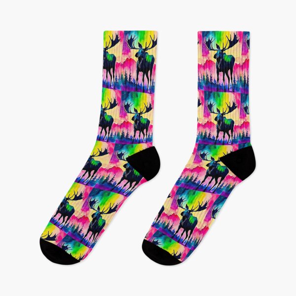 Item preview, Watercolor Vibrant Moose Print Silhouette Northern Lights Aurora Borealis designed and sold by Kathryn Creates.