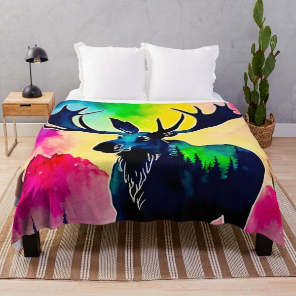 Item preview, Watercolor Vibrant Moose Print Silhouette Northern Lights Aurora Borealis designed and sold by Kathryn Creates.