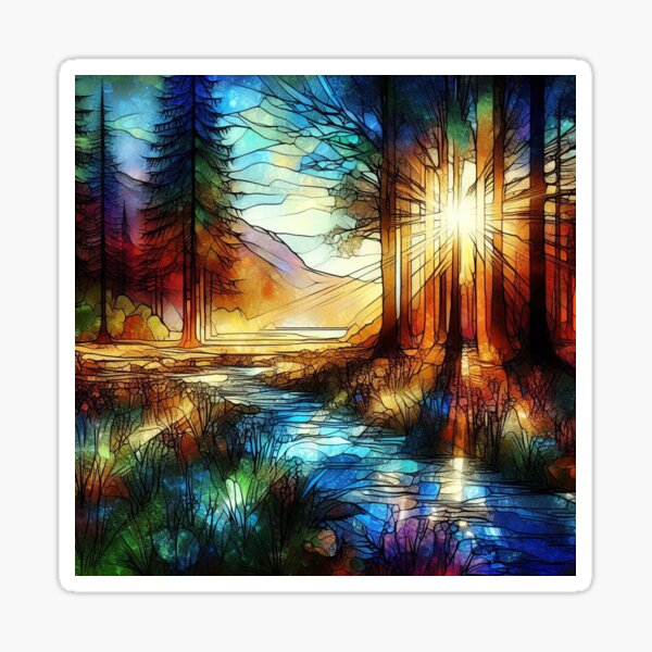 Morning Serenity - Stained Glass Neon Light - www.fineaiart.art Sticker