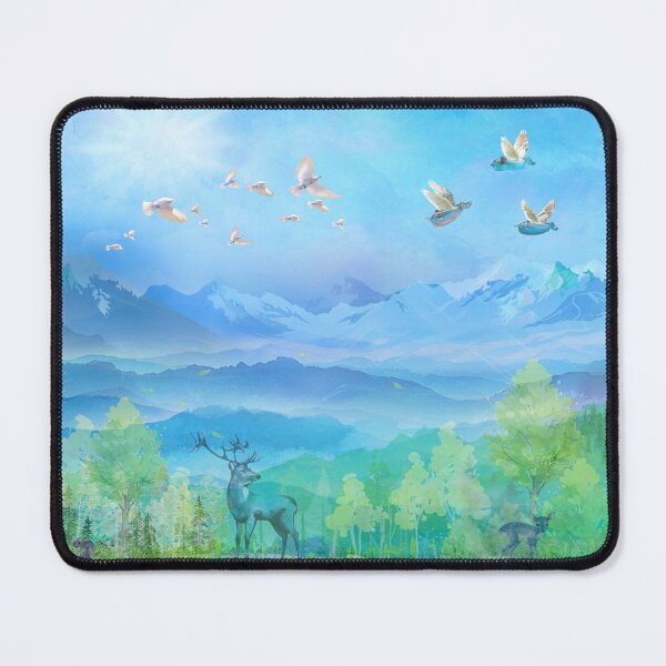 Item preview, Three flying hurdy-gurdies in a blue sky above a landscape of mountains, forest with a deer, doves, a fawn and a fox. designed and sold by Zal-Production.