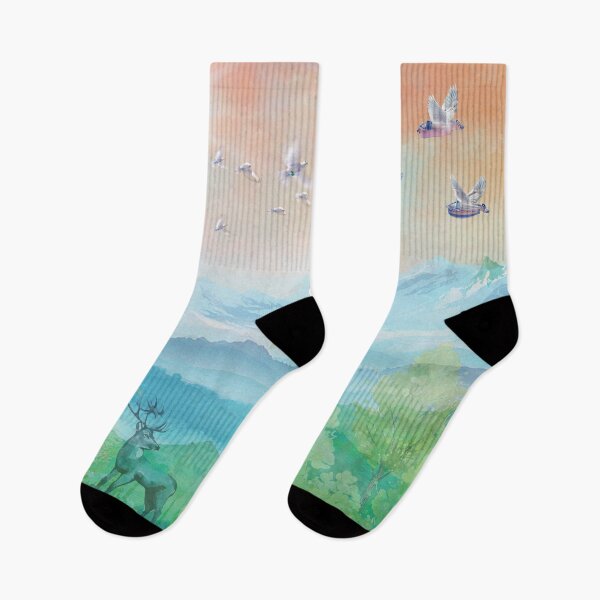 Item preview, Three flying hurdy-gurdies in an orange-pink sky above a landscape of mountains and forest with a deer and doves. designed and sold by Zal-Production.