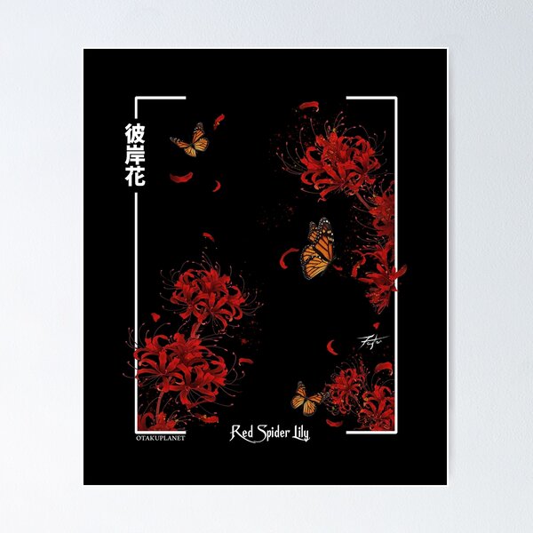 Vista previa del artículo con la obra «lirio araña rojo japonés con mariposa anime en estética grunge suave harajuku», diseñado y vendido por Otakuniverse.