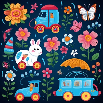 Artwork thumbnail, Blue, Rabbit, Train, Car by ColorsAndStyle