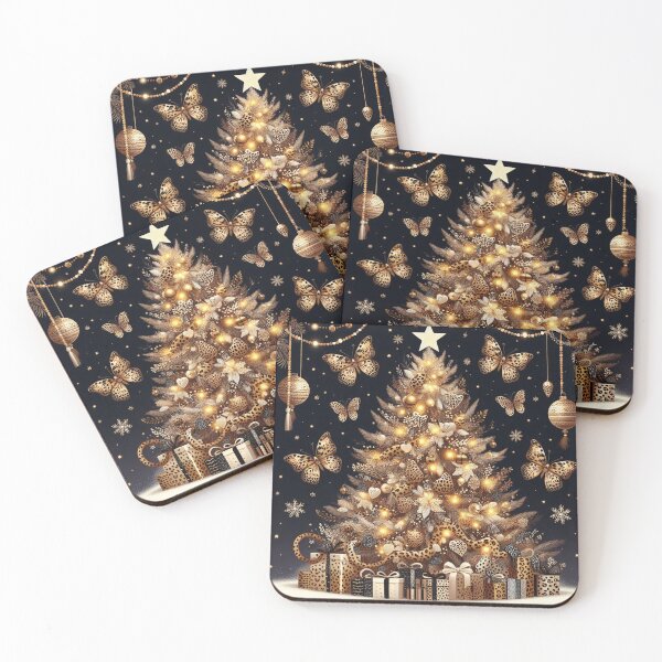 Item preview, Leopard Print Christmas Tree Pattern Bengal Cat Canvas Wall Art Pattern Feathers Flowers Eclectic Exotic Butterflies Gold Golden designed and sold by CoffeeIsATrip.