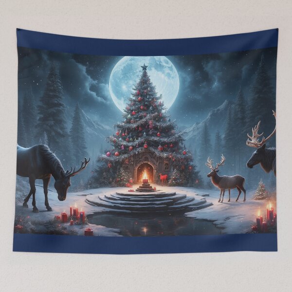 Aperçu de l'œuvre Pays des merveilles hivernales : arbre de Noël, rennes, pleine lune créée et vendue par ZION-E-Store.