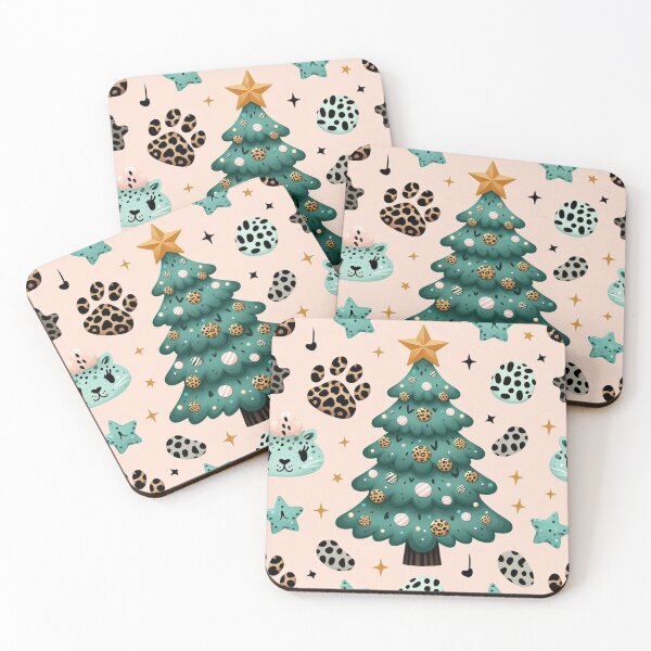 Item preview, Chibi Cartoon Illustration Turquois Aqua Blues Greens Gold Leopard Print Christmas Tree leopard Canvas Wall Art Pattern designed and sold by CoffeeIsATrip.